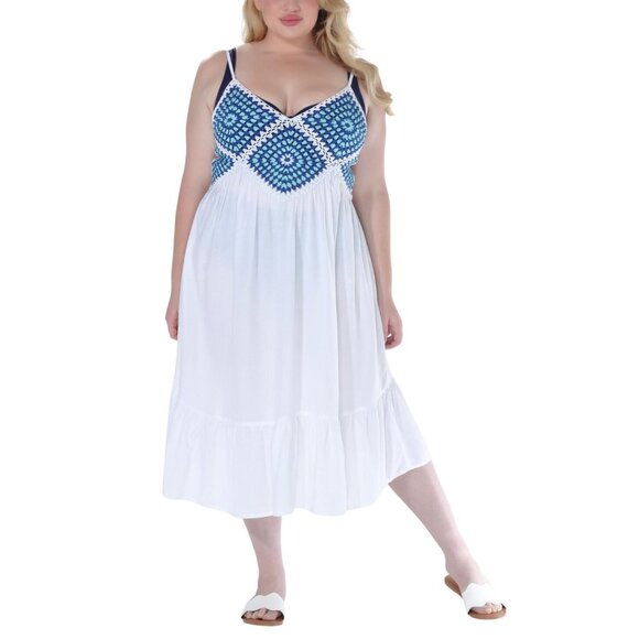 NWT Raviya Womens Plus Size Crochet Flounce-Hem Cover Up 76613X White / Blue 3X - Picture 3 of 9